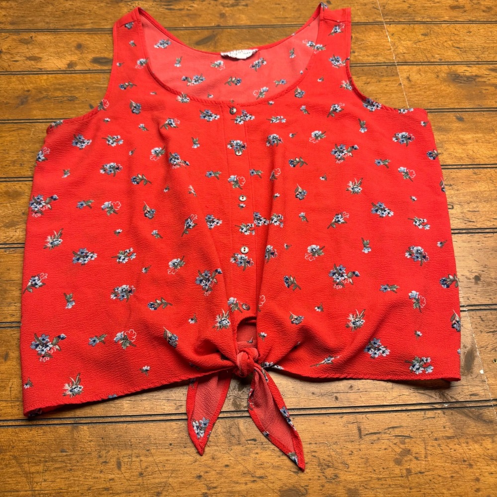 Gypsy Jade Red Floral Tie Front‎ Button Up Tank Top Women 1X
